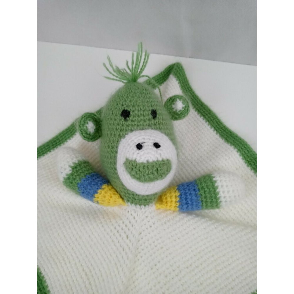 Monkey Lovey Blanket Baby Soother Crocheted Monkey Green & White